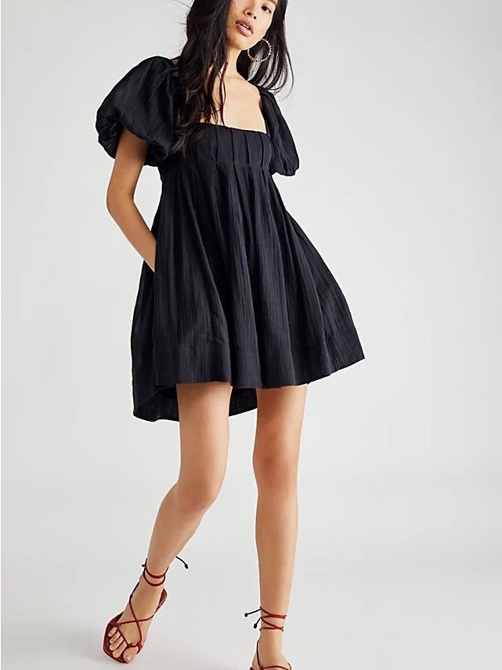 Free People Black Puff Sleeve Square Neck Mini Dress